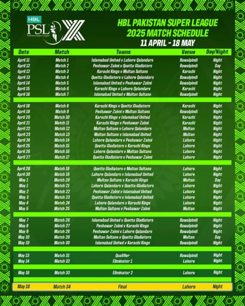 hbl psl x 10 schedule